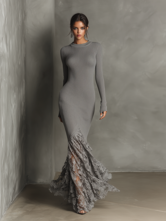 Women's Gray Knitted Slim-fit Versatile Maxi Dress MDA0496I2T