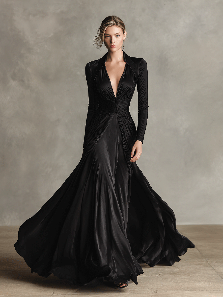 Women's Black Elegant Draped Stretch - Satin Maxi Gown MDA0360I4I