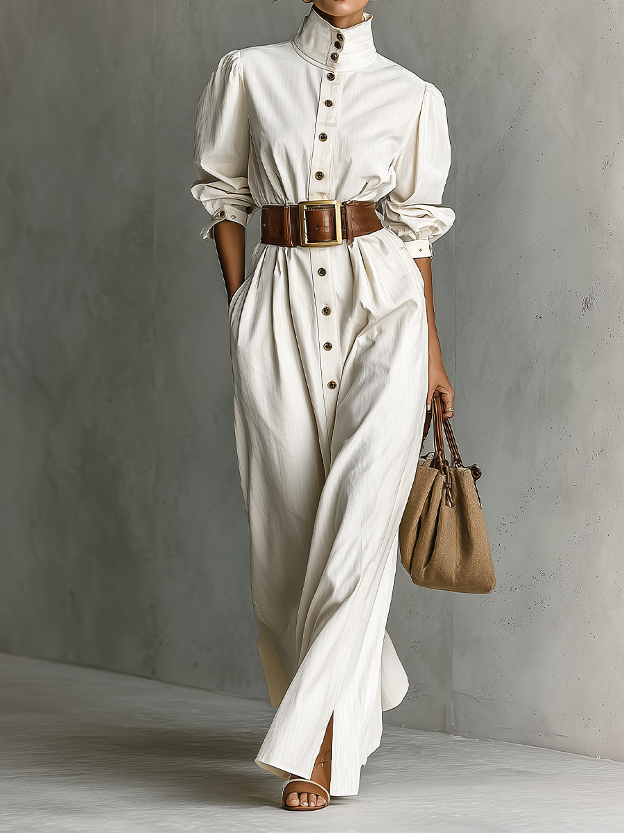 Women's Off-white Cotton Stand-up Collar Simple Casual Maxi Dress MDA0813I5T