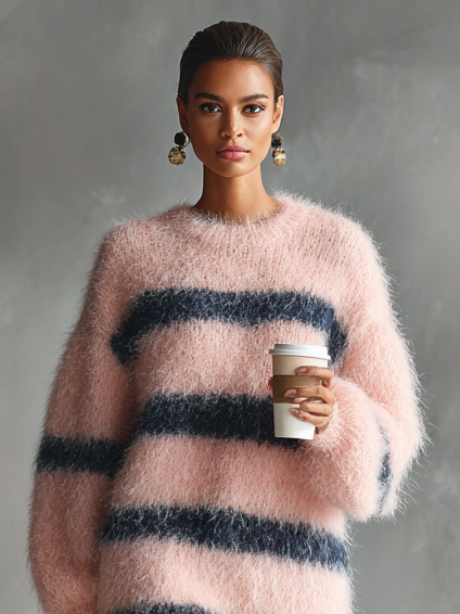 Women's Mohair Navy Blue Striped Round Neck Mini Dress MDA0540I1Y