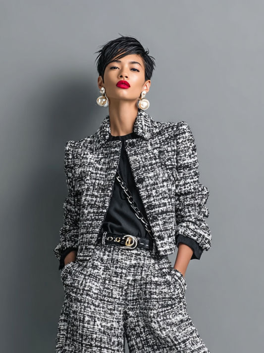 Women's Tweed Blend Single-Breasted Cropped Jacket And Wide-Leg Pants Set MDA2589H6Y