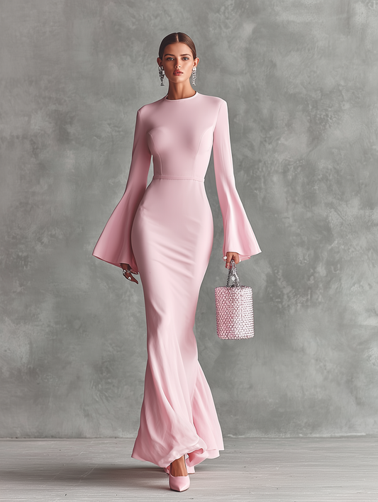 Women's Pink Stretch Crepe Trumpet Sleeve Mermaid Maxi Dress MDA0522I2T