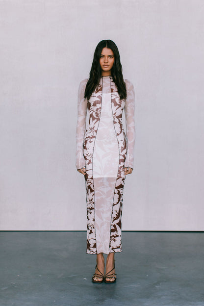 Rochelle Dress - Beige/Chocolate Brown Floral Mesh