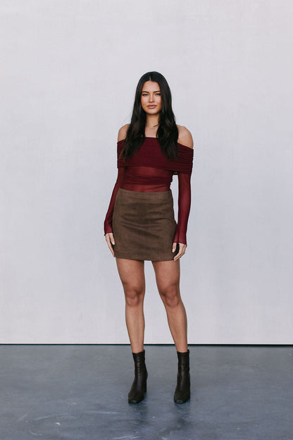 Jetta Mini Skirt - Chocolate Brown Suede Look