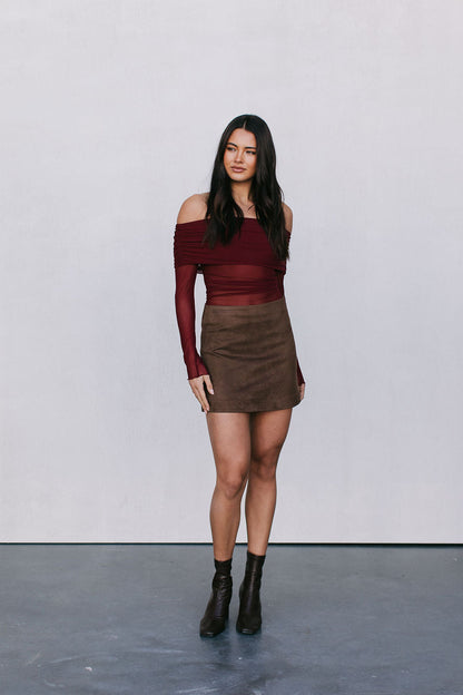 Jetta Mini Skirt - Chocolate Brown Suede Look