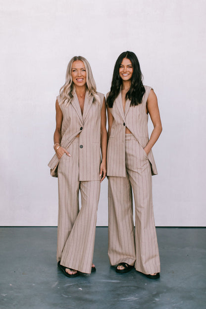 Josie Blazer Vest - Beige / Brown Pinstripe