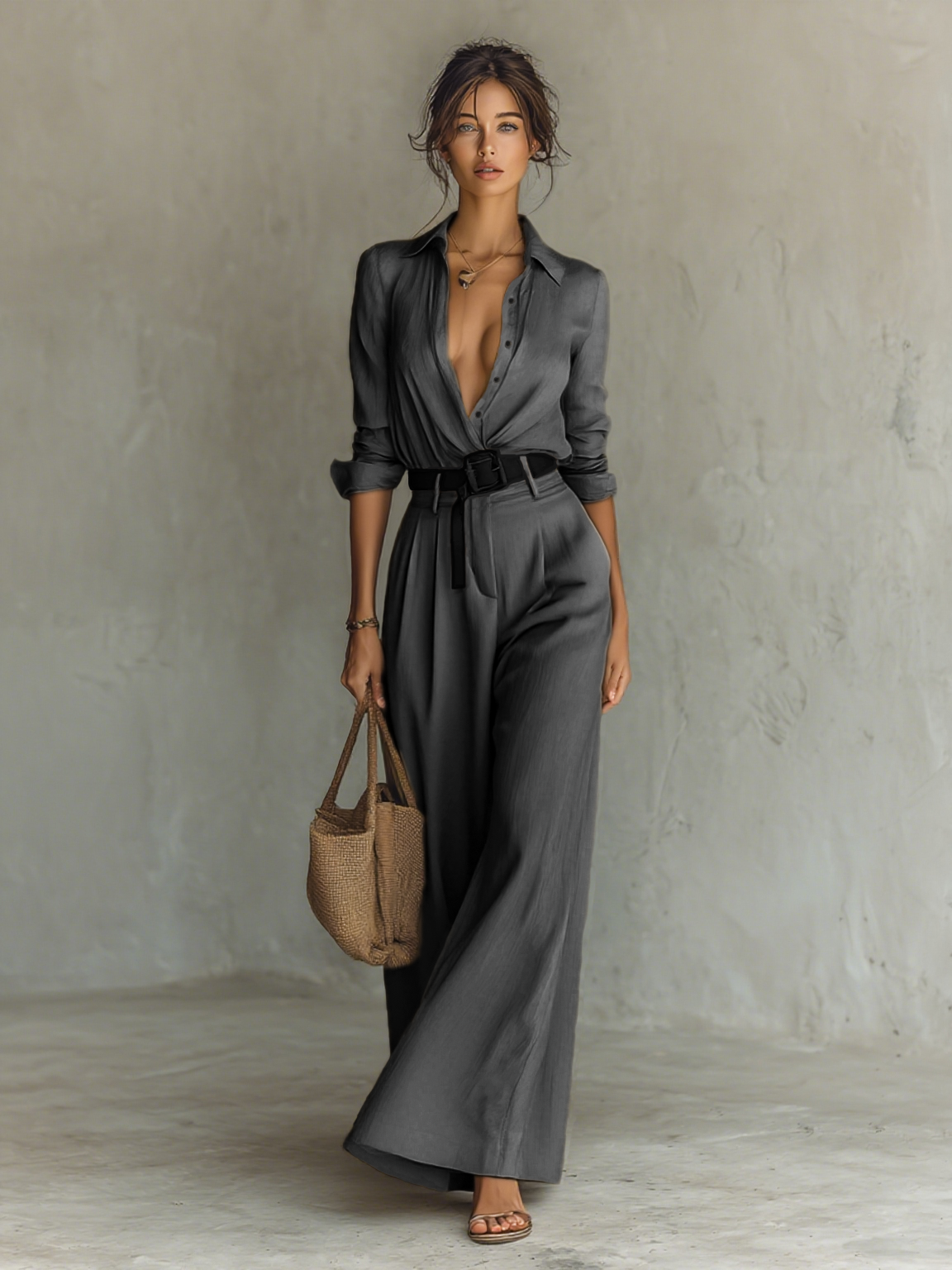 Women's Cotton And Linen Blend Long-Sleeved Shirt And Wide-Leg Pants Set (Belt Included)MDA0367I0Y