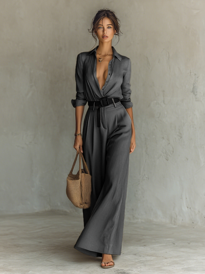 Women's Cotton And Linen Blend Long-Sleeved Shirt And Wide-Leg Pants Set (Belt Included)MDA0367I0Y