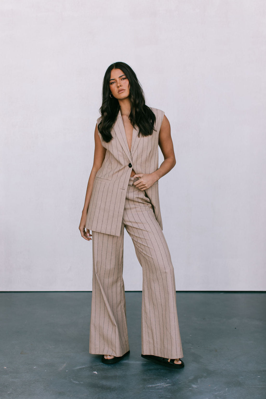 Josie Blazer Vest - Beige / Brown Pinstripe