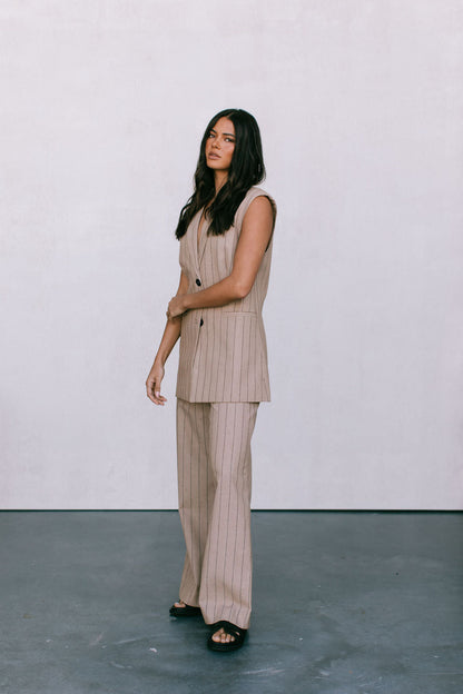 Josie Blazer Vest - Beige / Brown Pinstripe