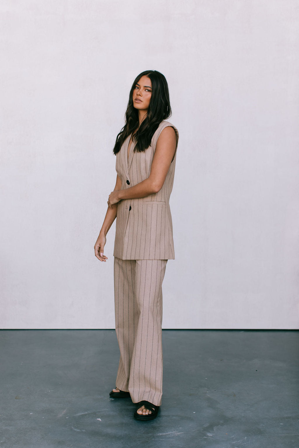 Flora Pants - Beige / Brown Pinstripe