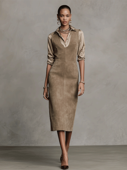 Women's Taupe Suede Vest Dress And Satin Shirt Two-Piece Set MDA0230I7I