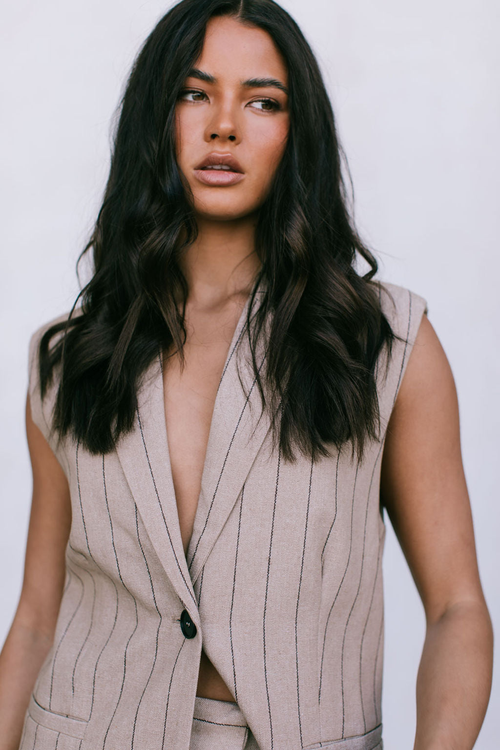 Josie Blazer Vest - Beige / Brown Pinstripe