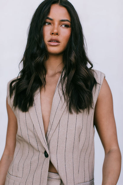 Josie Blazer Vest - Beige / Brown Pinstripe