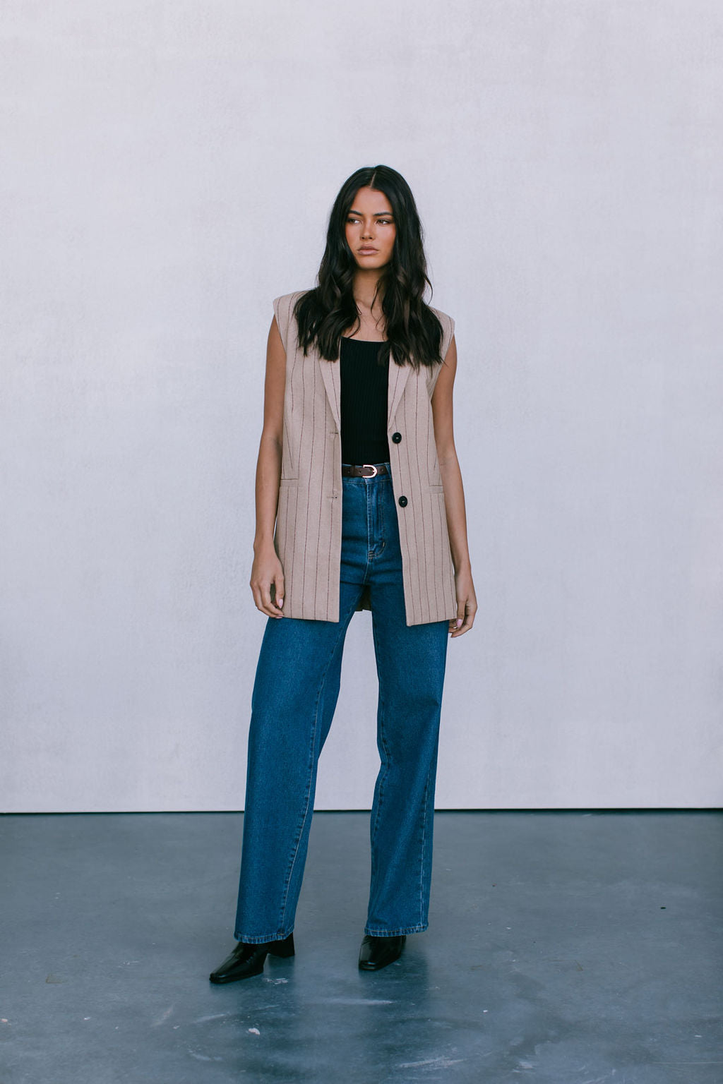 Josie Blazer Vest - Beige / Brown Pinstripe