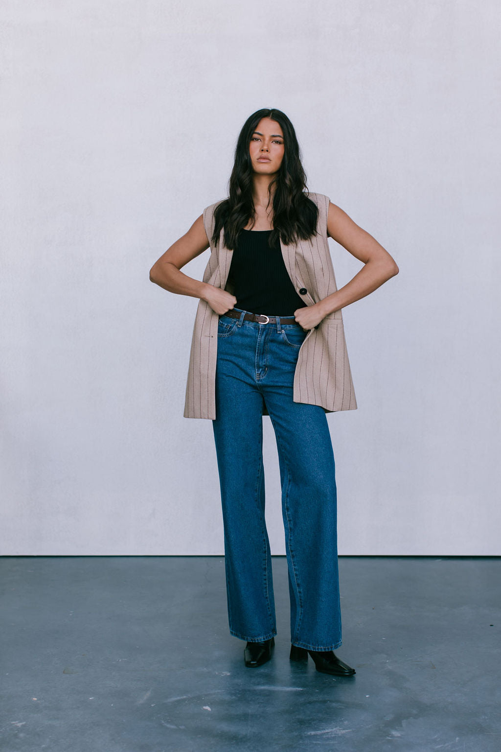 Josie Blazer Vest - Beige / Brown Pinstripe