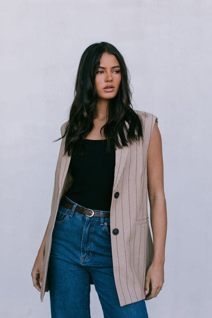Josie Blazer Vest - Beige / Brown Pinstripe