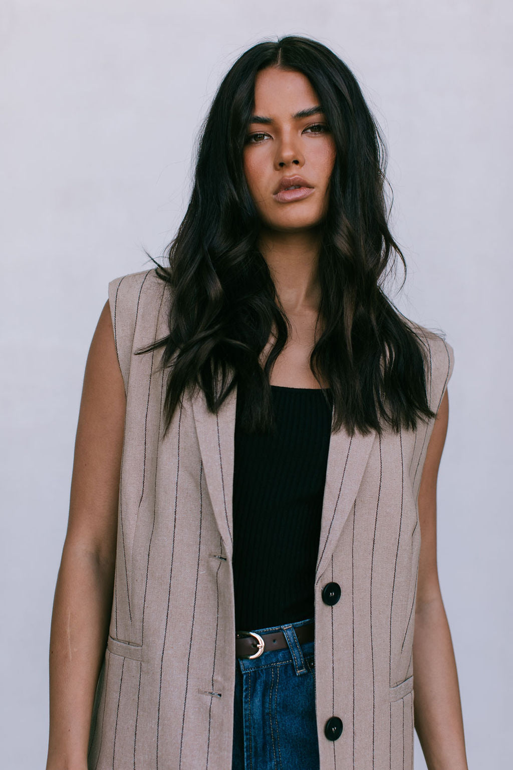 Josie Blazer Vest - Beige / Brown Pinstripe