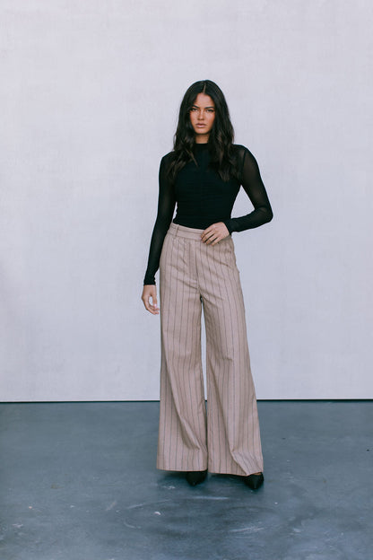 Flora Pants - Beige / Brown Pinstripe