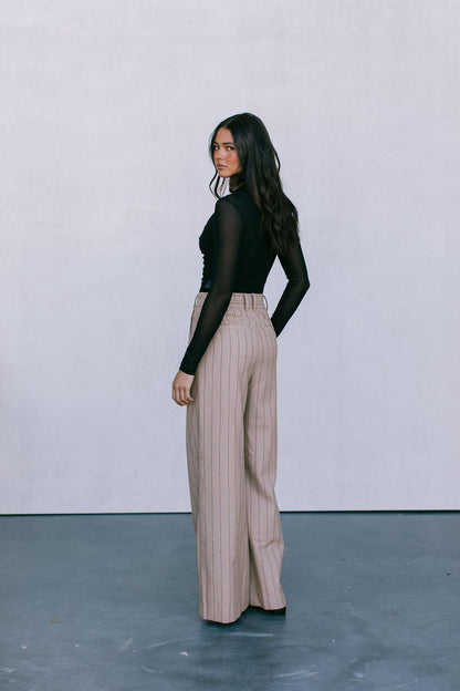 Flora Pants - Beige / Brown Pinstripe