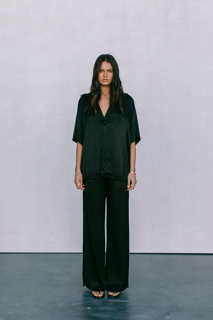 Eve Relaxed Pants - Black Satin