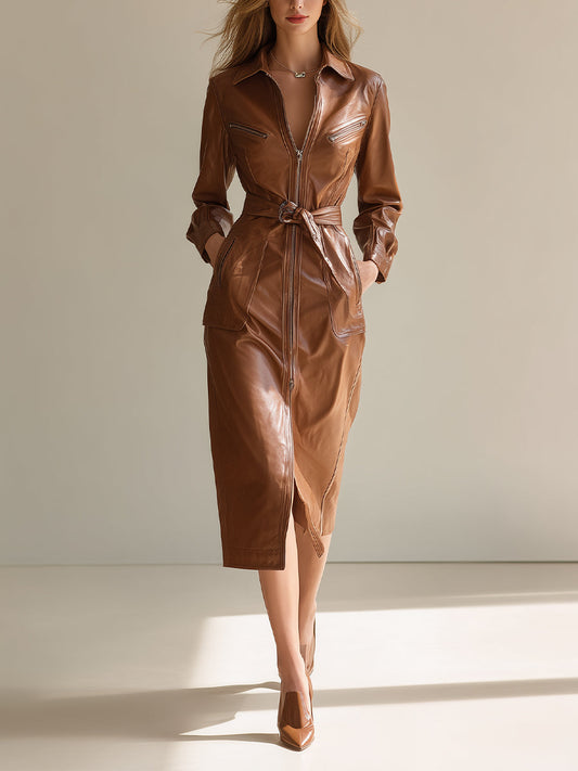 Women's Tan Elegant PU Leather Belted Zip - Front Coat MDA2615H7I