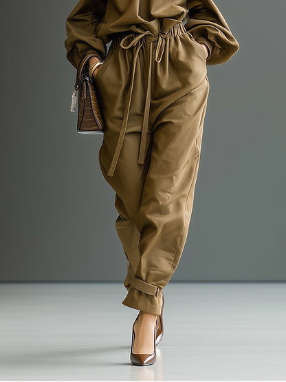 Women's Dark Khaki Top And Trousers Set MDA0469I2T
