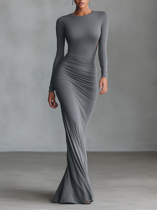 Women's Grey Elegant Stretch - Knit Ruched Open - Back Maxi Dress MDA2860H8I