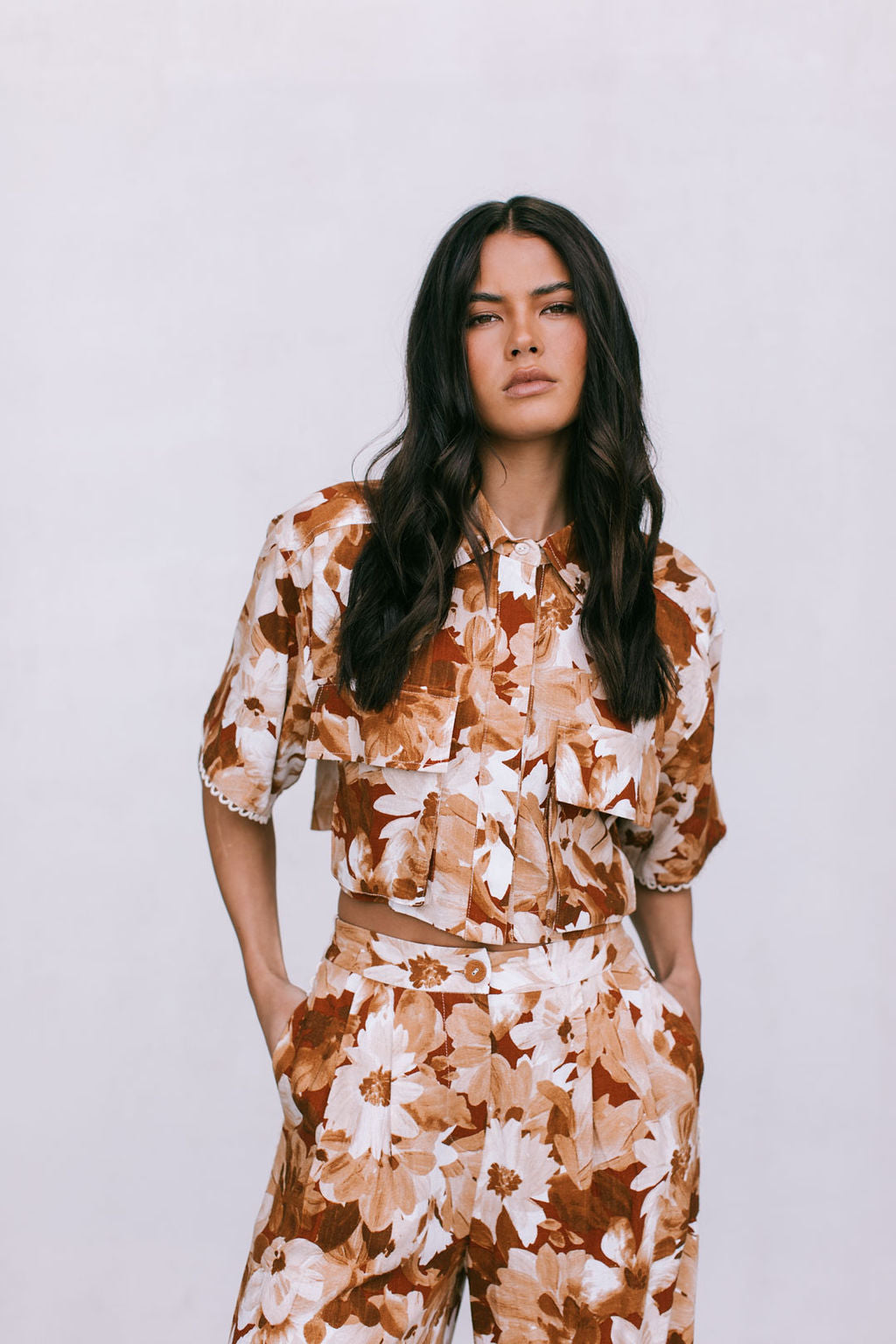 Esimio Cropped Shirt - Rust Floral Print