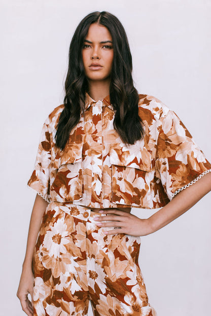 Esimio Cropped Shirt - Rust Floral Print