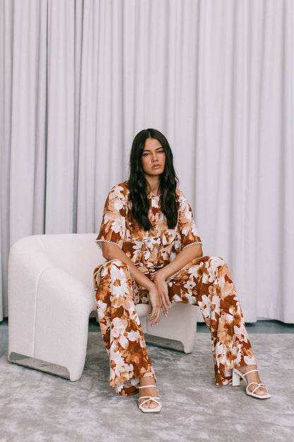 Esimio Cropped Shirt - Rust Floral Print