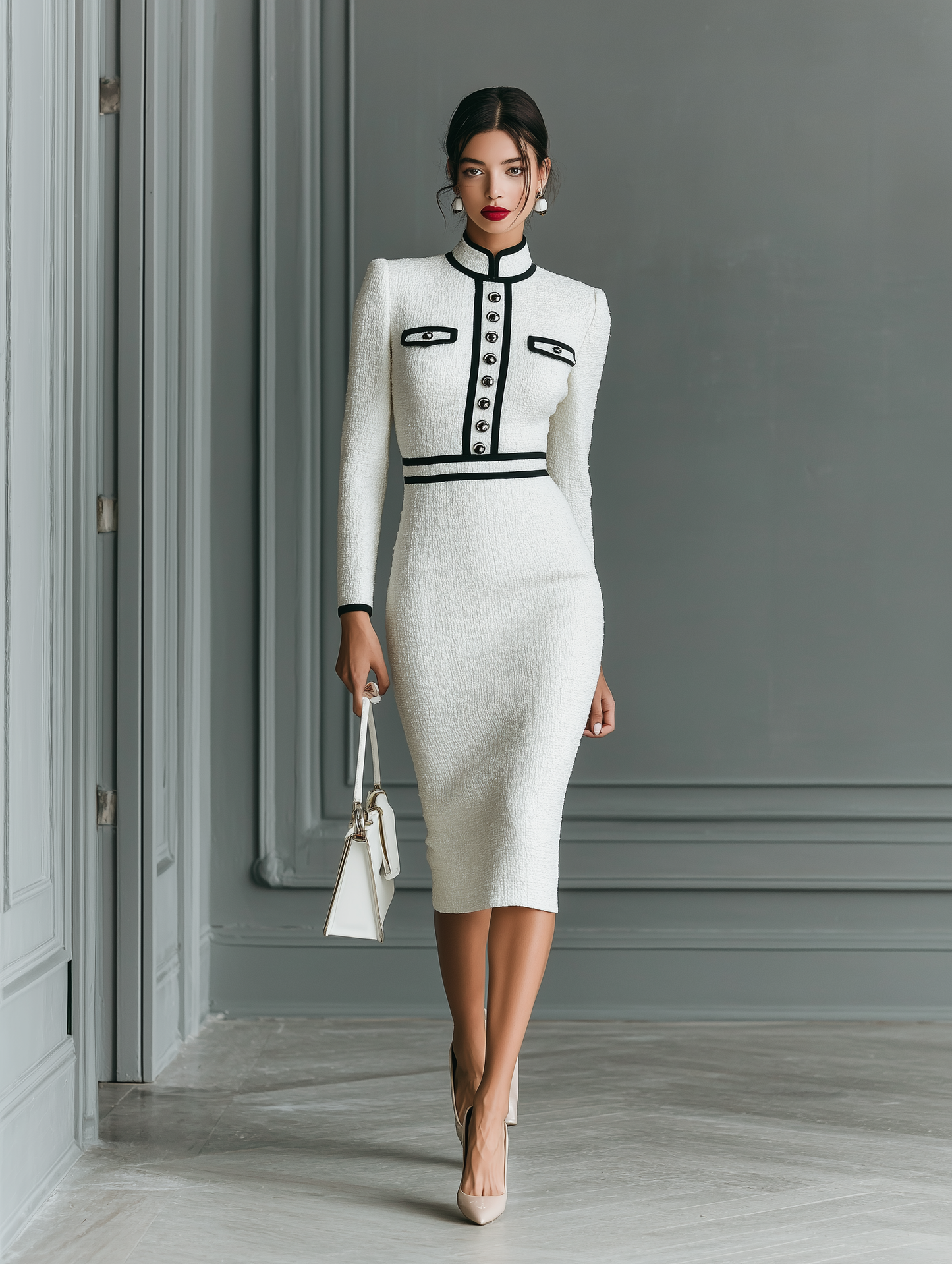 Women's White Tweed Black Trim Midi Dress MDA2718H7T