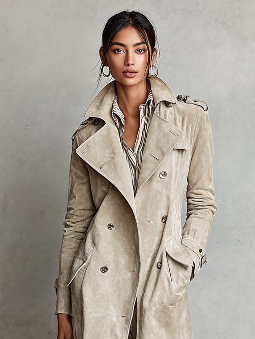 Women's Fashion Suede Double-Breasted Trench Coat MDA2579H5Y