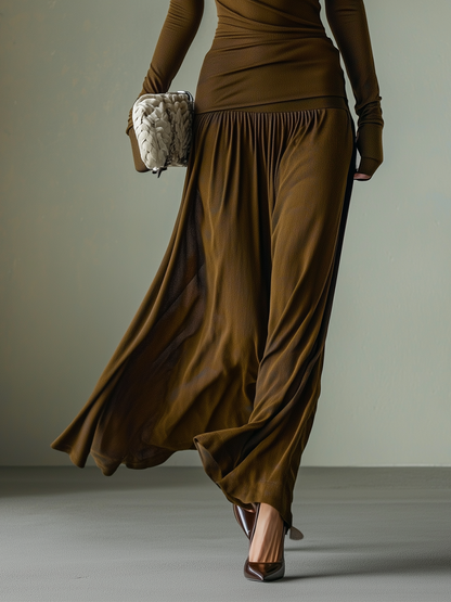Women's Dark Brown High-Stretch Knit Off-Shoulder Pleated Fitted Maxi Dress MDA1015I5T