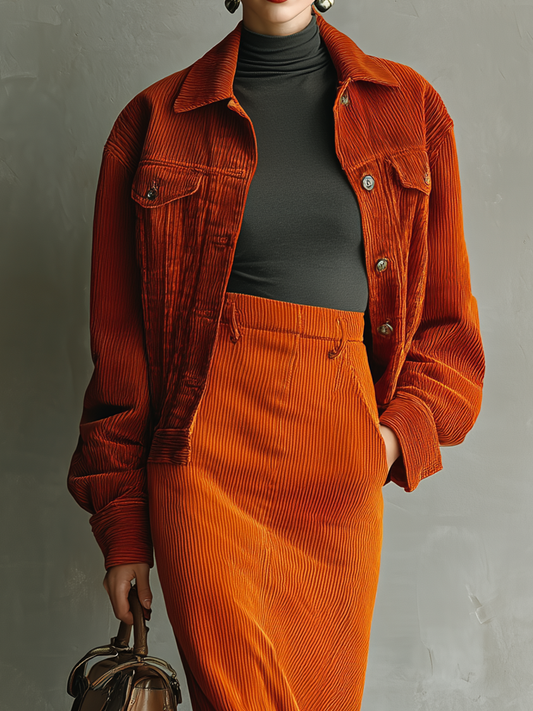 Women's Orange Corduroy Button-Up Jacket MDA2779H4T