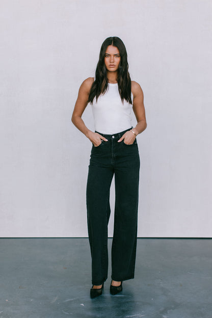 Carissa Wide Leg Jeans - Washed Black