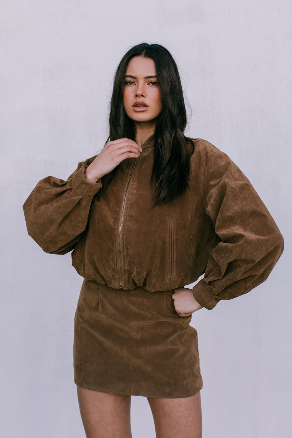 Diego Bomber Jacket - Tan Suede Look