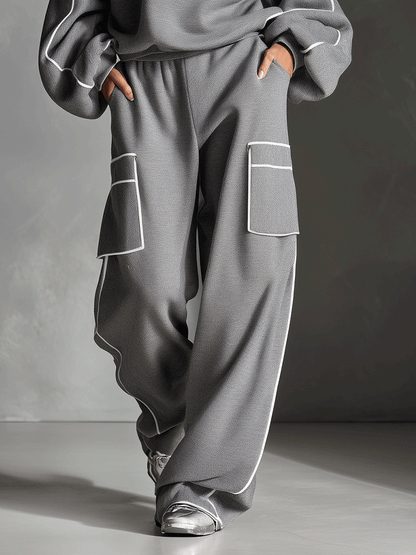 Women's Grey Modern Jersey Contrast - Piping Loungewear Set MDA0295I5I