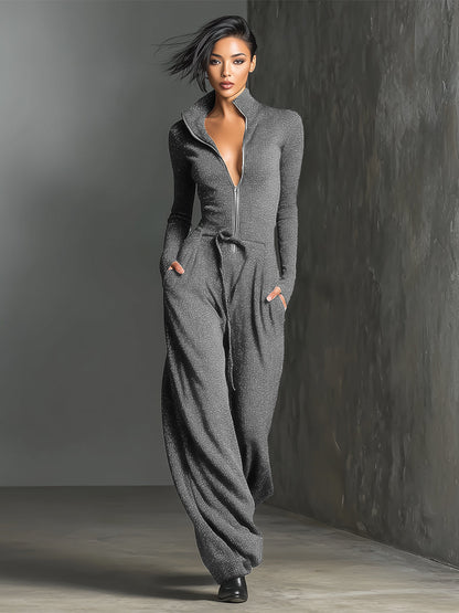 Women's Elegant Knit Sparkling Zipper Front Jumpsuit MDA2560G5I