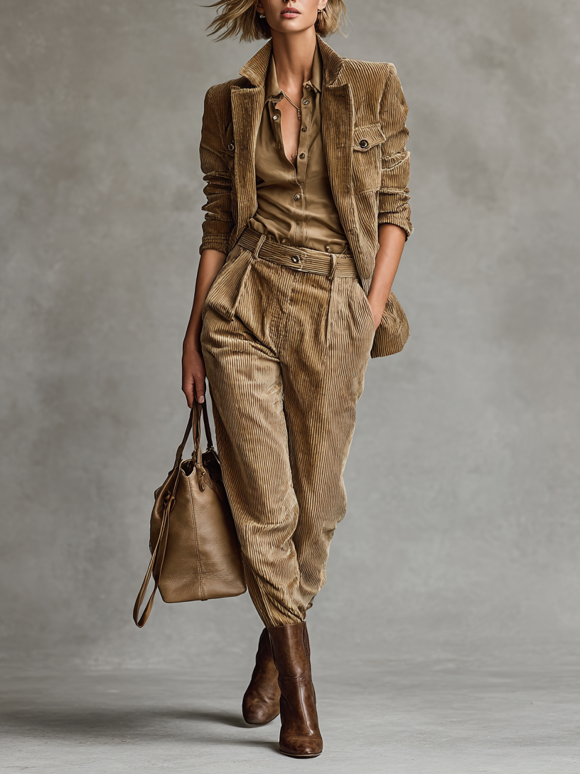 Women's Loose Corduroy Single-Breasted Blazer Straight-Leg Pants Set MDA2794H0Y