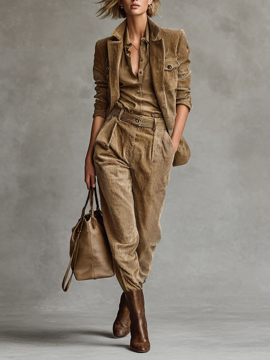 Women's Loose Corduroy Single-Breasted Blazer Straight-Leg Pants Set MDA2794H0Y