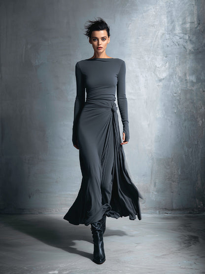 Women's Grey Sophisticated Jersey Knit Wrap - Knot Maxi Dress MDA1401H9I