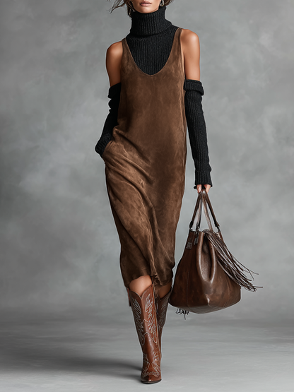 Women's Retro Simple Suede U-Neck Sleeveless Tank Midi Dress MDA0259I1Y