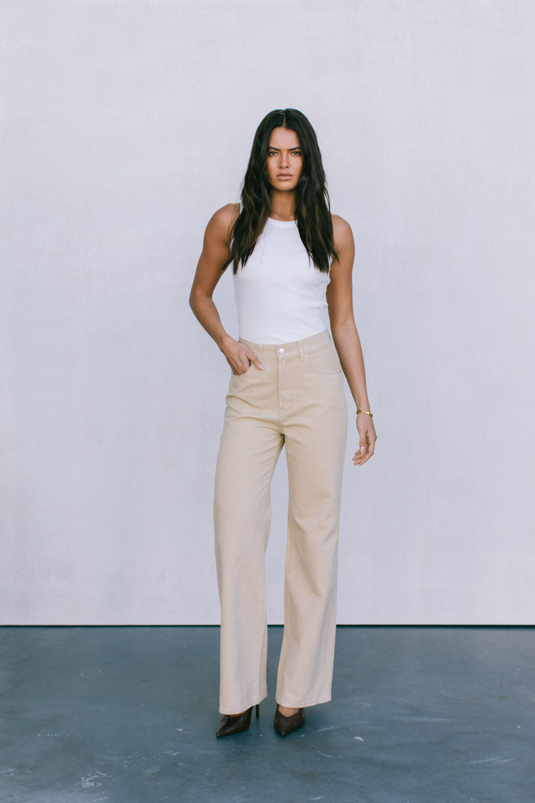 Carissa Wide Leg Denim Jeans - Sand