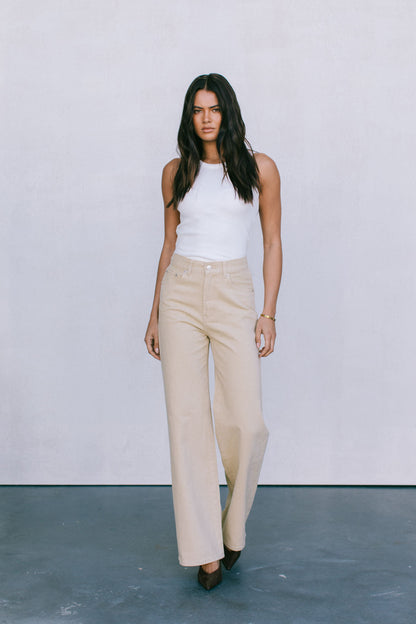 Carissa Wide Leg Denim Jeans - Sand
