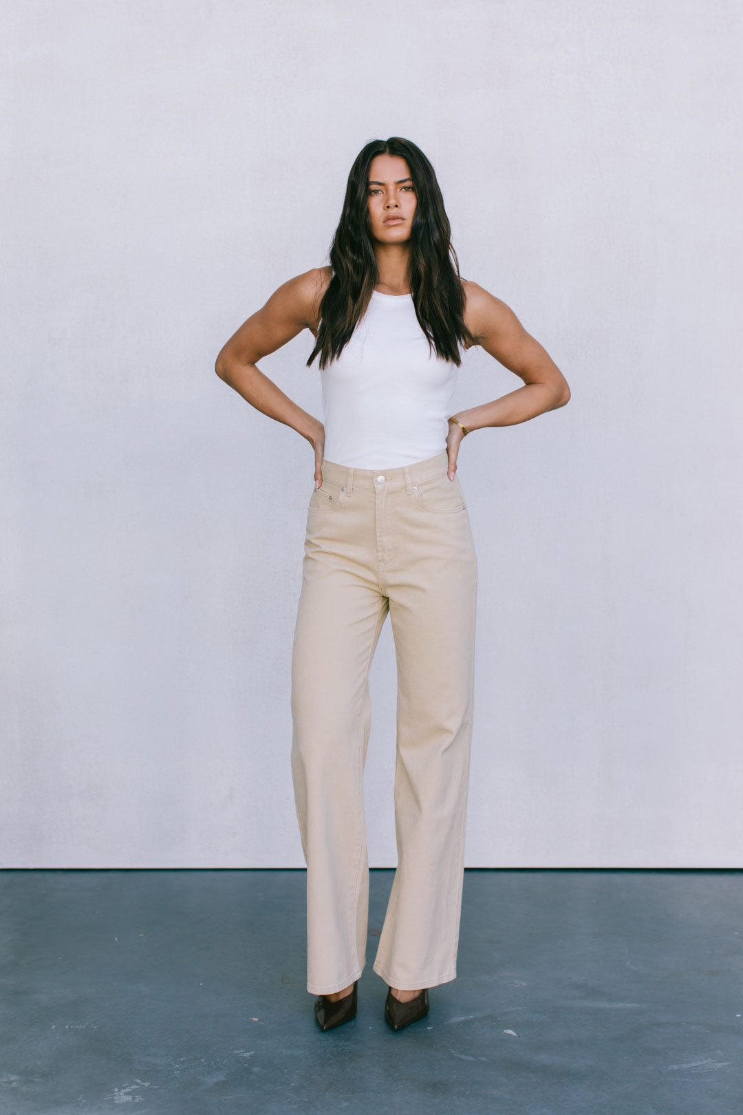 Carissa Wide Leg Denim Jeans - Sand