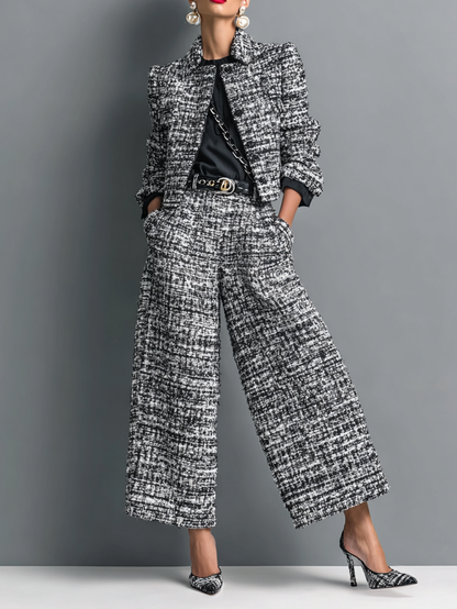 Women's Tweed Blend Single-Breasted Cropped Jacket And Wide-Leg Pants Set MDA2589H6Y