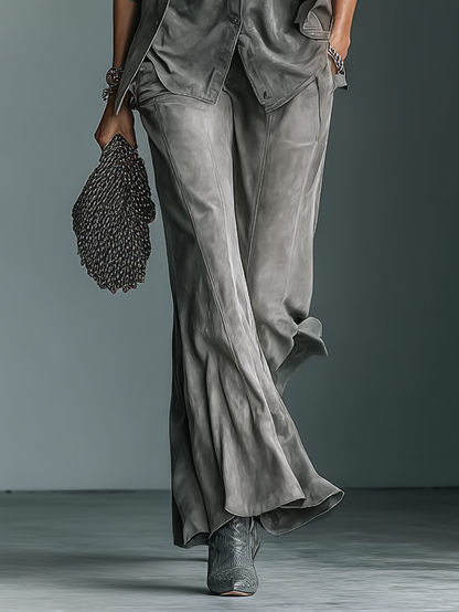 Women's Casual Loose Suede Shirt Jacket And Flared Pants Set (Inner Layer Not Included) MDA0246I4Y
