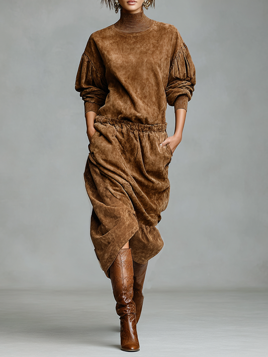 Women's Fashion Loose Suede Turtleneck Elastic Waist Midi Dress MDA1607H7Y