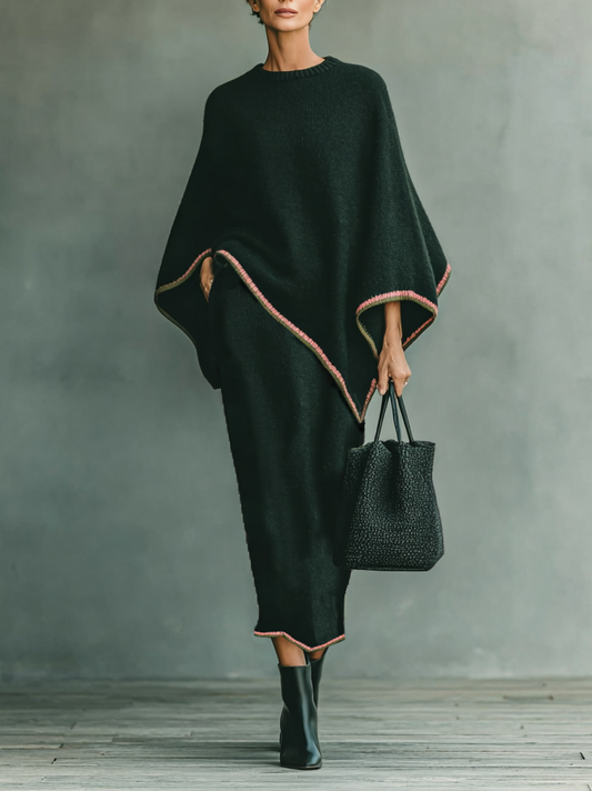 Women's Minimalist Loose Round Neck Cape Sleeve Sweater Skirt Knitted Set MDA0514I7Y